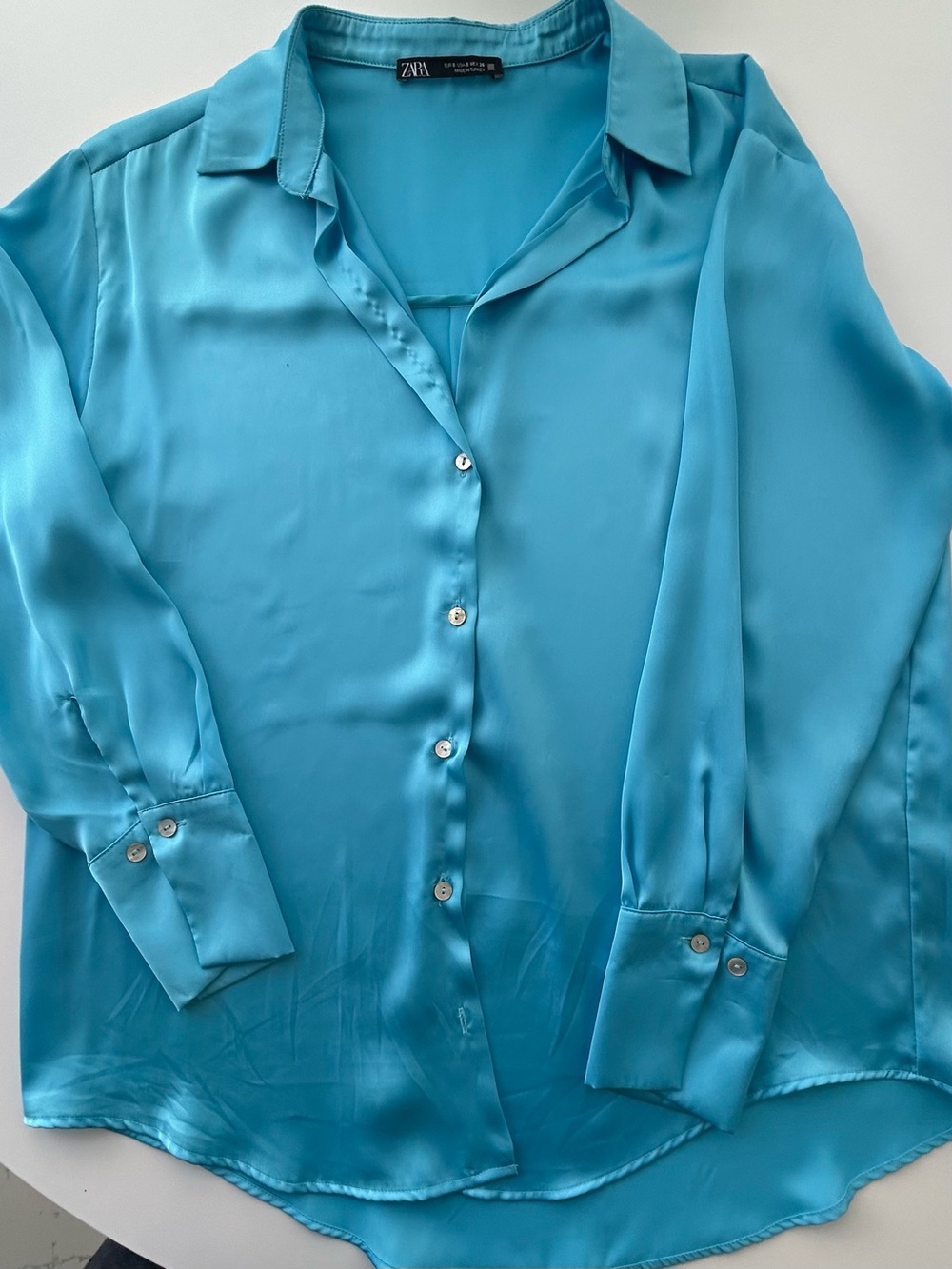Zara Turquoise Satin Button-Down Shirt